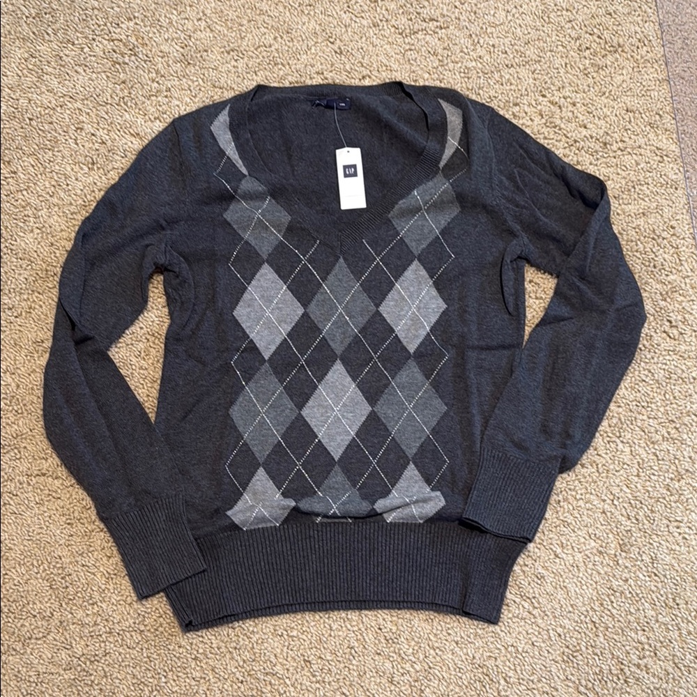 Charcoal Gray Argyle V-Neck Sweater
